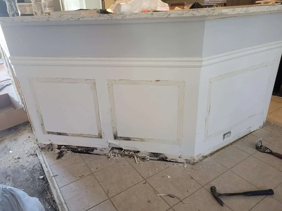 Water damage and mold on kitchen during Storm Damage Restoration in Farmers Branch